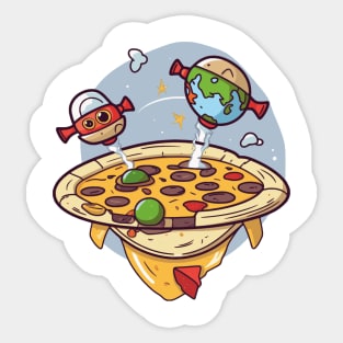 Spacecraft pizza with salami and spaceships earth and robot Sticker